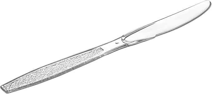 Comfy Package [300 Pack] Clear Plastic Knives Heavy Duty with Engraved Design - Plastic Knives Disposable, Sturdy Plastic Silverware for Parties, Weddings, and Events