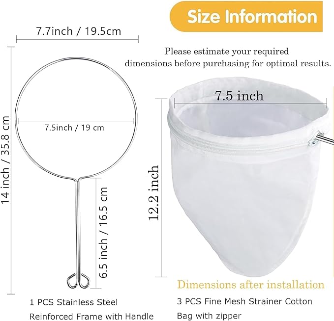 WMKGG Ultra Fine Reusable Filter Bags with Stainless Steel Handle for Nut Milk, Coffee, Milk, Butter, Juices and Fresh Cheese