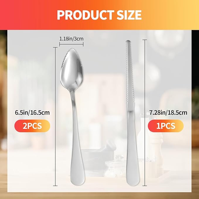 Grapefruit Spoon & Knife Set,Stainless Steel Grapefruit Spoon Utensil With Serrated Edge,Silver Kitchen Tool,Multi-Use for Citrus, Kiwi,Dessert, Avocado & More (3 PCS)