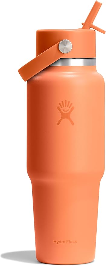 Hydro Flask Travel Water Bottle - Insulated Stainless Steel - Wide Straw Lid, Non Spill, Leakproof in 32 Oz Nectar Orange