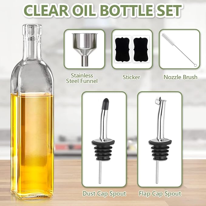 Olive Oil Dispenser, 500 ml/17 oz Vinegar and Olive Oil Bottle Dispenser Oil Bottles for Kitchen with 1 Pourers,2 Labels and 1 Funnel, Home Square Tall Glass Oil Container As Gift