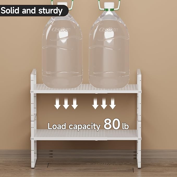Expandable Cabinet Shelf Organizers, Stackable Metal Shelves Extender for Kitchen Countertop Storage, Adjustable Spices Shelves Rack Stand for Cupboard Pantry, White