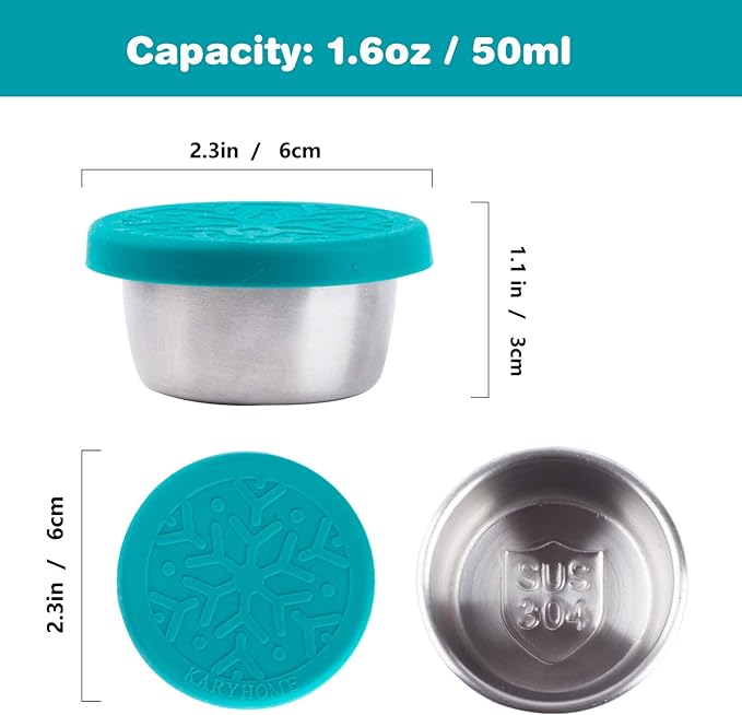 LALASTAR Salad Dressing Container To Go, 4x1.6oz Stainless Steel Condiment Containers with Lids, Premium Silicone, Leakproof and Reusable Small Containers with Lids