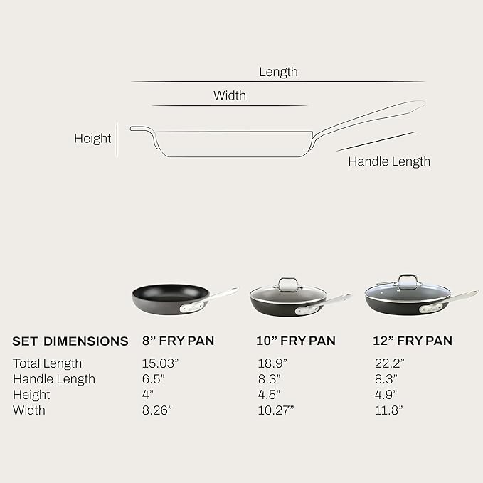 All-Clad HA1 Hard Anodized Nonstick Fry Pan Set – 3-Piece Cookware, 8", 10", 12" Skillets with Lid, Induction Compatible, Oven Safe to 500°F, Lid Safe to 350°F, Black