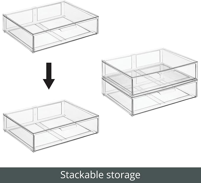 mDesign Wide Plastic Stackable Bathroom Storage Organizer Bin with Pull Out Drawer for Cabinet, Vanity, Shelf, Cupboard, Cabinet, Countertop, or Closet Organization - Lumiere Collection - Clear