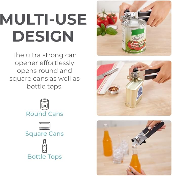 Kitchen Genie Slip Resistant Stainless Steel Manual Can Opener, Sharp Blade for Smooth Edge Cuts, Easily Open Cans, Ergonomic Handles with Easy to Turn Knob, Built-In Bottle Openers, Pitch Black