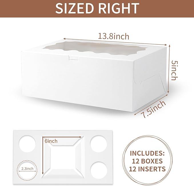 Bento Cake Box With Cupcakes, Clear Window 5 Holes Bento Combination,12 Sets: Cookie Boxes Fit 4 Regular Cupcake and Mini Cakes, Christmas Wedding Birthday Party (White/clear, 1+4/12pcs)