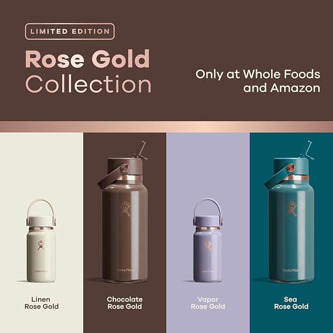 HYDRO FLASK Water Bottle - Insulated Stainless Steel - Wide Mouth Flex Straw Lid, Non Spill, Leakproof and Refillable in 32 Oz Linen Rose Gold