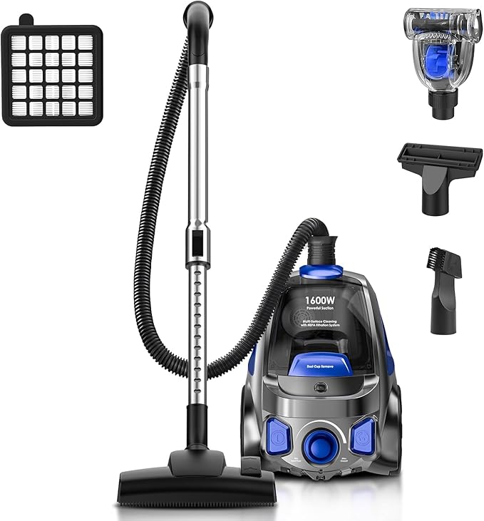 Canister Vacuum Cleaner, 32Kpa 1600W Bagless Vacuum Cleaner, Dust Full Indicator, H13 HEPA Filter, 3.7Qt Large Capacity, Lightweight Vac for Hard Floors, Carpet, Pet, Upholstery, Blue