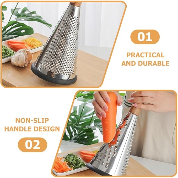 Ciieeo Stainless Steel Vegetable Grater with Wooden Handle - 3-Sided Cone Cheese and Fruit Shredder for Kitchen Use