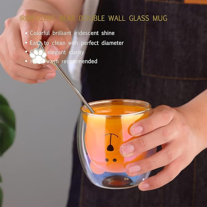 Cute Mugs Double Wall Glass Coffee Glass Cup Kawaii Bear Tea Milk Cup Funny Mug Animal Mug Aesthetic Cup for Office and Personal Birthday Gift (Iridescent Bear)