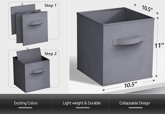 Sorbus Storage Cubes - 11 Inch Foldable Fabric Baskets for Organizing Pantry, Closet, Shelf, Cubby - 6 Grey Collapsible Cloth Storage Bins with Handle for Home, Bedroom
