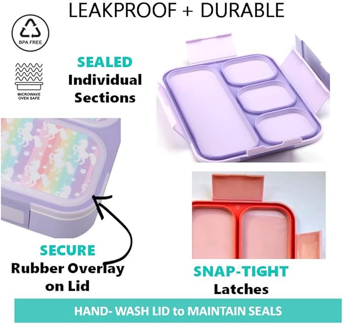 kinsho Bento-Box Lunch Box Kids Girls, Food and Snack Containers for Toddler Daycare, School Travel, Loncheras Para Ninas, Utensils Included (Purple Unicorn + Pink Flowers, 2 Pack)