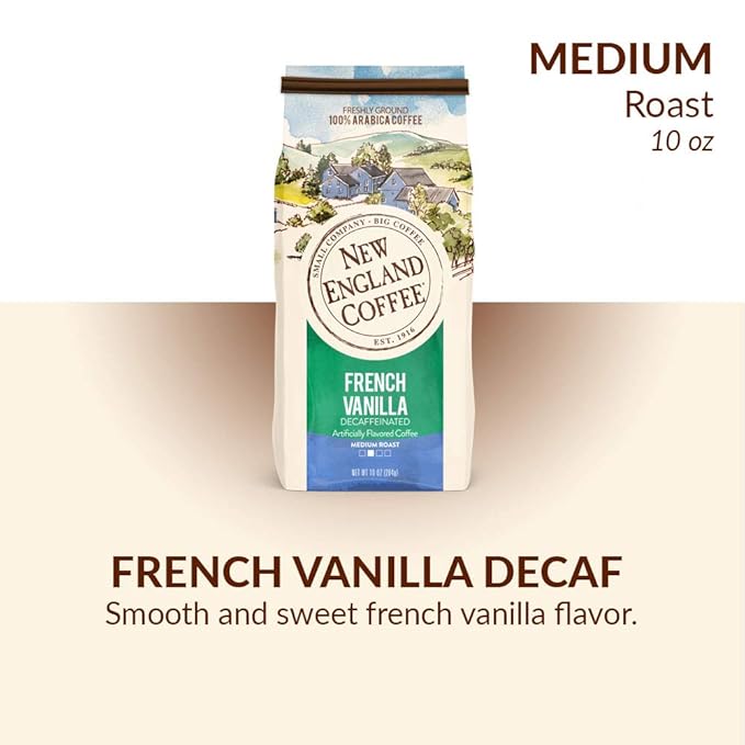 New England Coffee French Vanilla Decaffeinated Medium Roast Ground Coffee, 10oz Bag (Pack of 2)