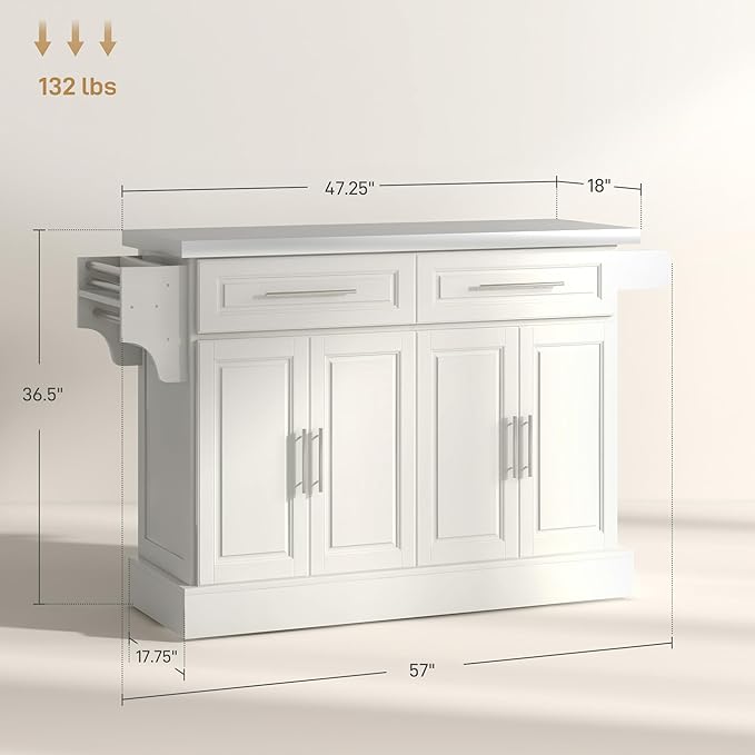 HOMCOM Rolling Kitchen Island Cart with Wheels, Portable Island Table for Kitchen with Stainless Steel Top, Adjustable Shelves, 2 Drawers, Spice, Knife and Towel Rack, Cream White