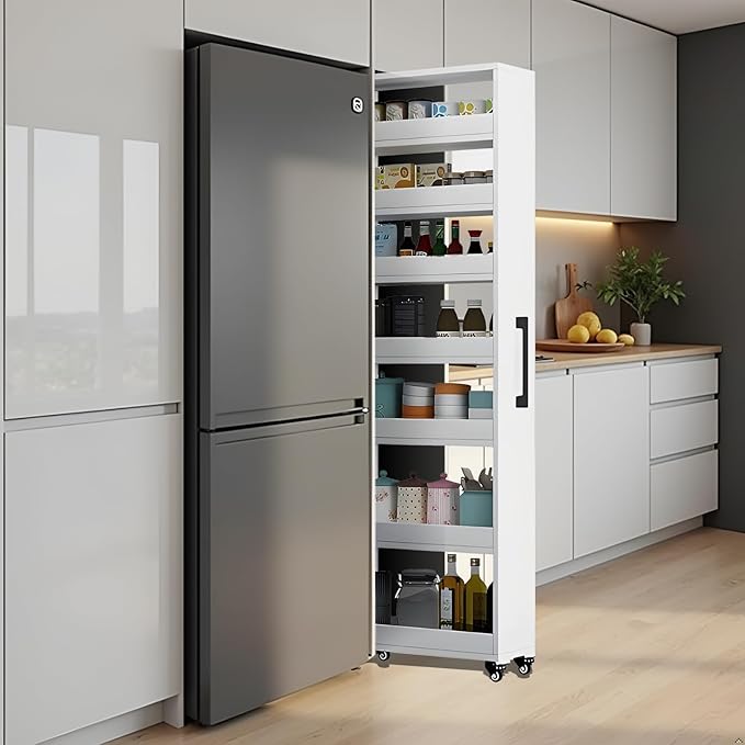 7-Tier Slim Storage Cart, Wooden Rolling Pantry Cabinet with Wheels, Narrow Shelf Organizer for Kitchen, Bakers Rack, Dining Room, Closet, Small Spaces Dark Walnut 73.2''H*7.8''W*19.6''D