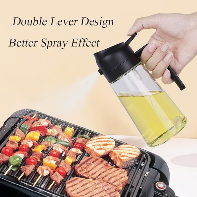 Olive Oil Sprayer Mister for Cooking,2 in 1 Olive Oil Dispenser Bottle for Kitchen,17oz Oil Sprayer for Cooking,Premium Glass Oil Mister Bottle for Air Fryer,Barbecue,Salad,Frying,BBQ (Black 1 Pack)