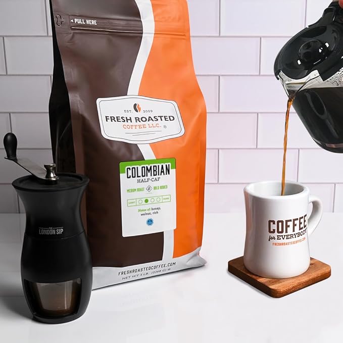 Fresh Roasted Coffee, Colombian Water Half-Caf, 5 lb (80 oz), Medium Roast, Kosher, Whole Bean
