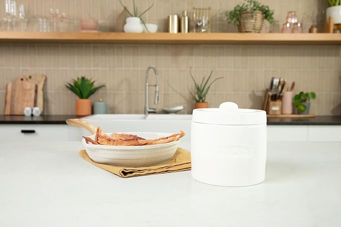 Ceramic Grease Container Keeper with Metal Stainless Steel Strainer and Lip for Easy Pour (Ivory)
