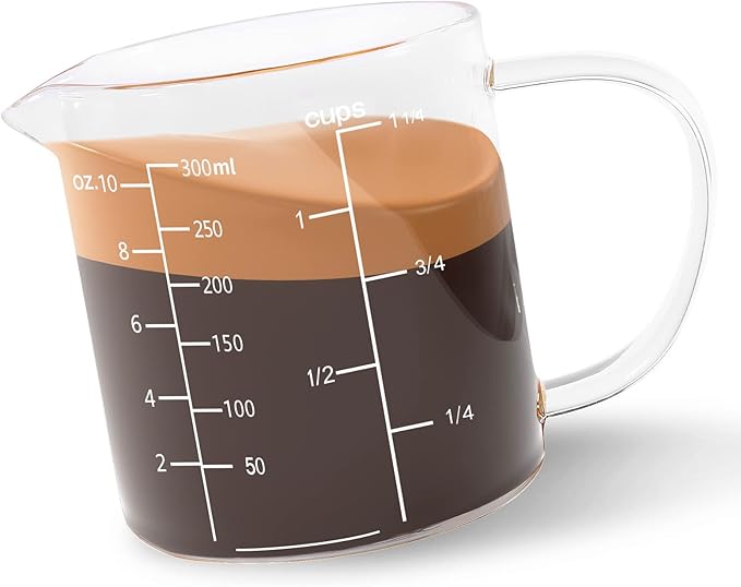 Newness Glass Measuring Cup with Handle, 300 ML (0.3 Liter, 1 1/4 Cup) Measuring Cup with Three Scales (OZ, Cup, ML/CC) and V-Shaped Spout, Measuring Beaker for Kitchen or Restaurant, Easy to Read