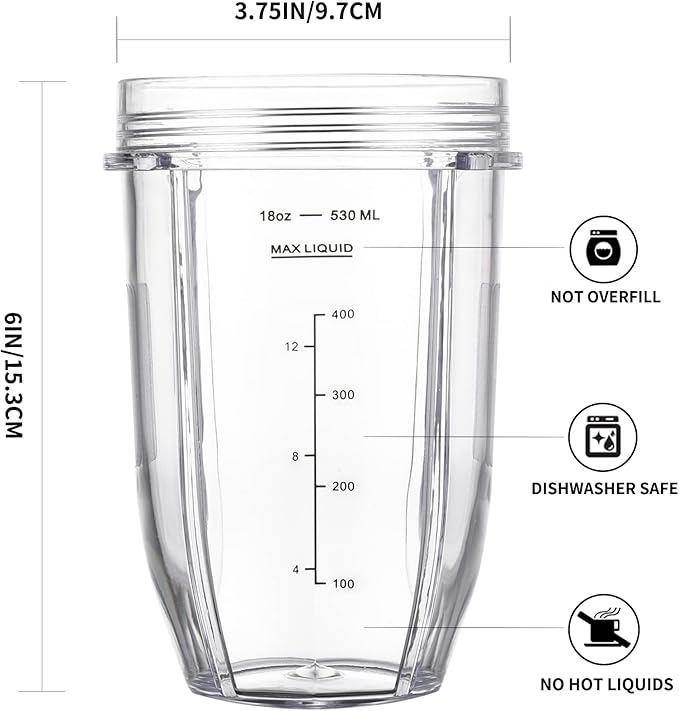 [Upgraded] Replacement 18oz Cups for Nutri Ninja Blenders, Blender Replacement Parts with Upgraded Lid For Auto-IQ BL480, BL482, BL490, BL640, BL642, & BL680 Auto IQ Series Blenders., 2 Pack