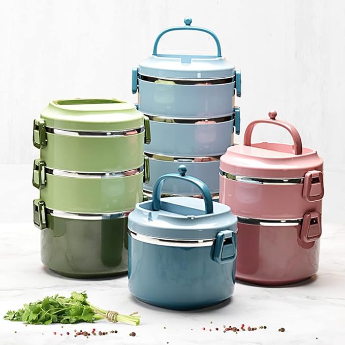 SANQIAHOME 3 Tier Stackable Stainless Steel Lunch Box Sealed(pink, 3 layers) with spoon and fork