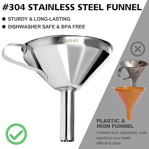 Anaeat 3 Pack Stainless Steel Kitchen Funnel Set, Multi-Use Premium Metal Food Grade Cooking Funnels with 2 Removable Strainer Filter for Transferring Liquid or Dry Ingredients & 1 Pc Cleaning Brush