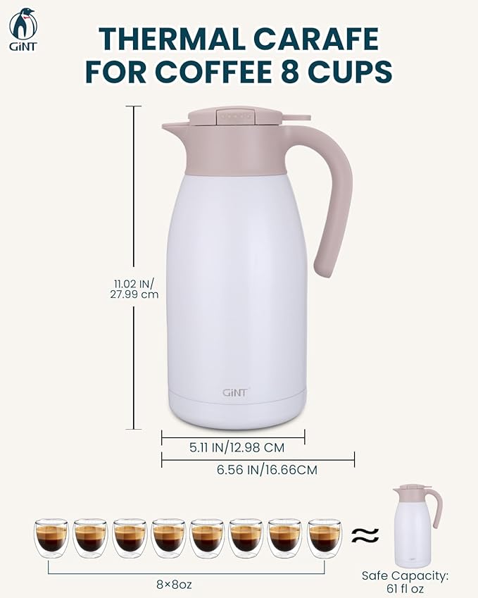 GiNT 1.9L / 64Oz Thermal Coffee Carafe, Insulated Stainless Steel Coffee Carafes for Keeping Hot/Double Walled Vacuum Thermal Carafe (White)