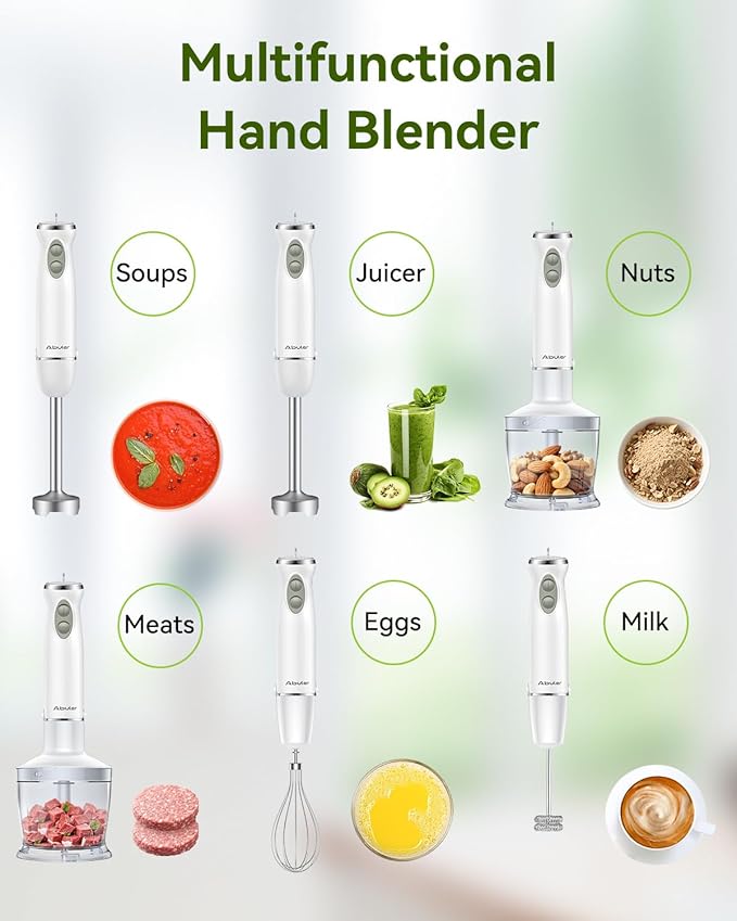 Immersion Blender Handheld 5 in 1 Hand Blender, 1000W Hand Mixer Stick, BPA-Free 12 Speed Handheld Blender with Mixing Beaker, Chopper, Whisk and Milk Frother for Soup, Sauce, Baby Food (White)