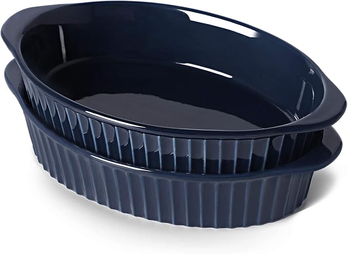 LEETOYI Porcelain Small Oval Au Gratin Pans, Baking Dish Set for 1 or 2 person servings, Bakeware with Double Handle for Kitchen and Home, Set of 2 (Navy)