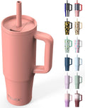 TILUCK 30 oz Tumbler with Handle, Vacuum Insulated Stainless Steel Travel Mug with 100% Leak-Proof Silicone Straw Lid, Cupholder Friendly Water Bottle(CoralRed, 30oz)