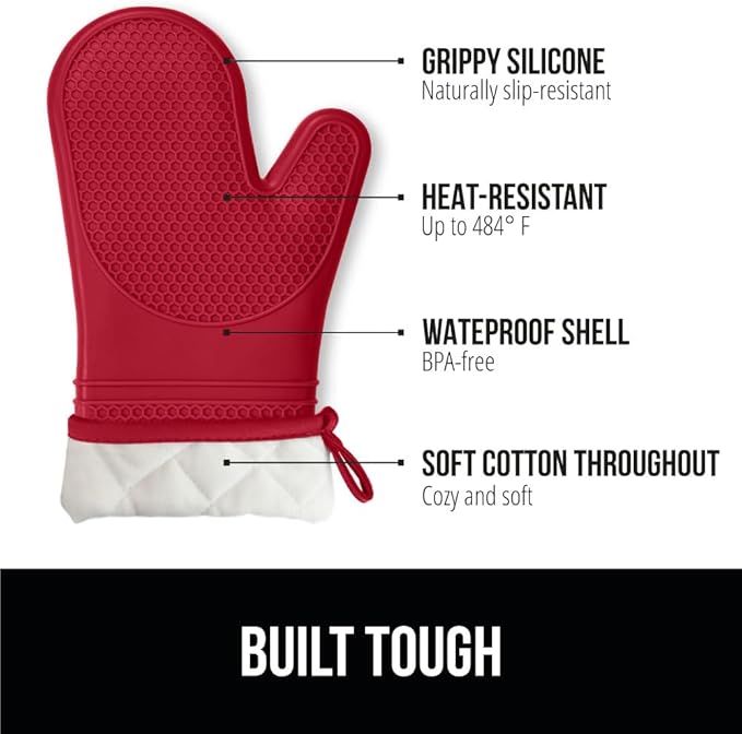 GORILLA GRIP BPA-Free Soft Silicone Oven Mitts, 14.5x8.3, Heat Resistant and Waterproof Cooking Gloves, Thick Cotton Lining, Flexible Gripping Kitchen Potholders Set of 2, Christmas Kitchen Decor, Red