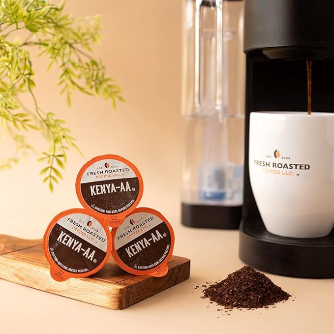 Fresh Roasted Coffee, Kenya AA, Med-Dark Roast, 72 Pods for K Cup Brewers