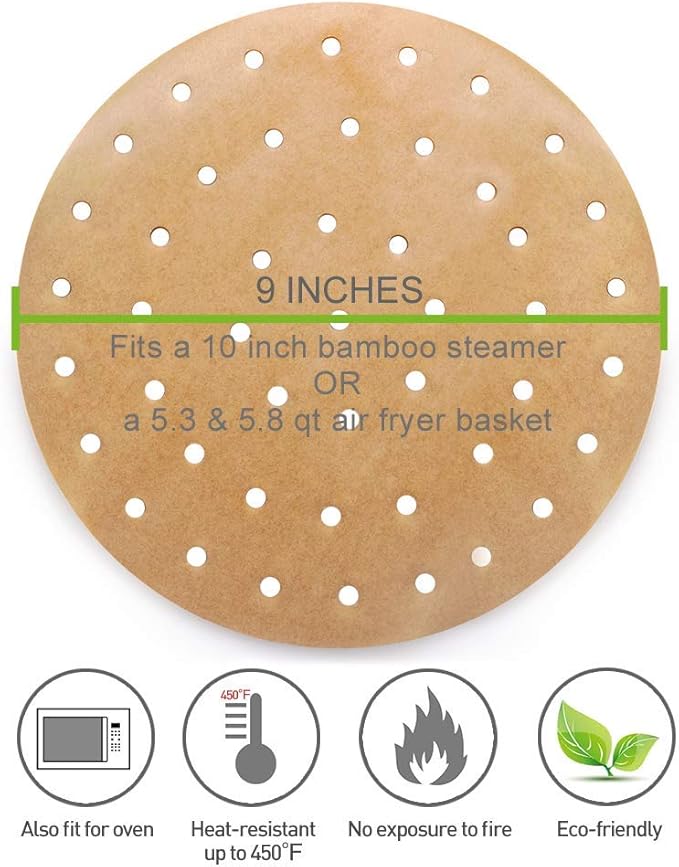100pcs Unbleached Air Fryer Liners, Vancens 7.5 inches Bamboo Steamer Liners, Premium Perforated Parchment Steaming Papers, Non-stick Steamer Mat, Perfect for 3.5 & 3.7QT Air Fryers/Baking/Cooking