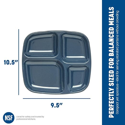 Carlisle FoodService Products Essential Food Tray, 4-Compartment Plastic Cafeteria Tray for Schools, Dining Halls, and Restaurants, Melamine, 10.5 x 9.5 Inches, Cafe Blue, (Pack of 36)