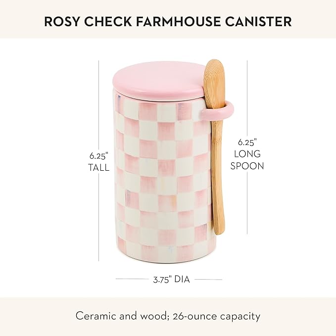 MACKENZIE-CHILDS Ceramic Farmhouse Canister, Kitchen Storage Container with Lid, Pink-and-White Rosy Check