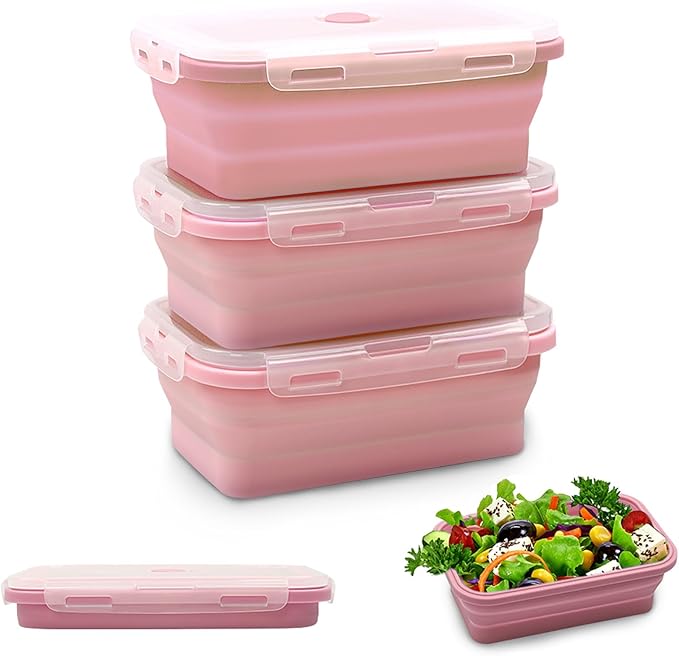 Alimat PluS 40.5oz Silicone Food Storage Containers, 3 Pack Set 1200ml Collapsible Food Storage Containers with Lids(Pink)