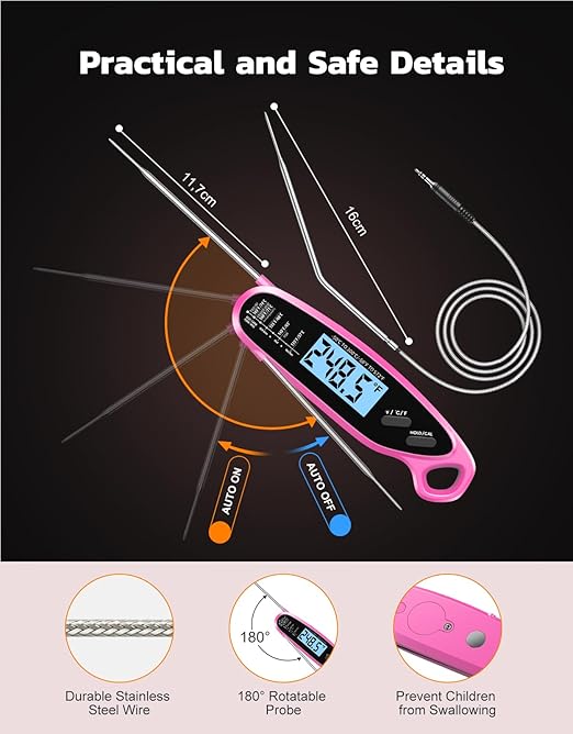 Instant Read Meat Thermometer Digital for Cooking & Grilling with Dual Probe, Big Backlit Screen & Auto-Calibration, Food Thermometer for Grill, Smoker, BBQ, Oven, Candy, Oil Fry - Pink