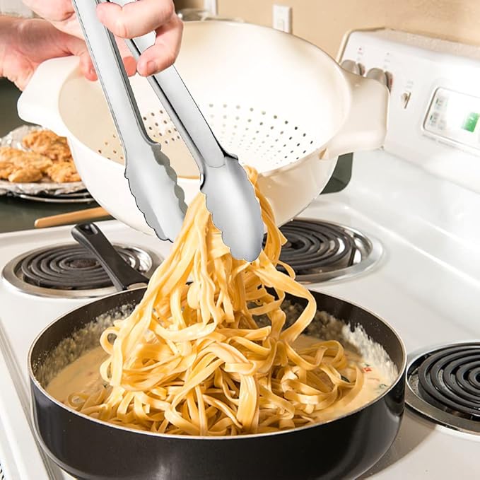 2 Pack Serving Tongs Serving Utensils Salad Tongs Metal Buffet Tongs Non-slip & Easy Grip Stainless Steel Plated Buffet Serving Tongs, Salad, Ice, Oven (9.5 Inch) (Silver)