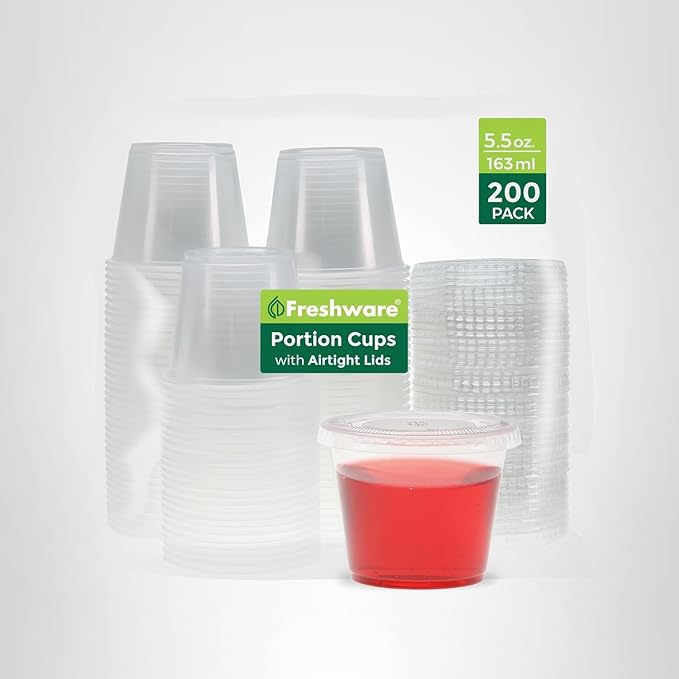 Freshware Plastic Portion Cups with Lids [5.5 Ounce, 200 Sets] Souffle Cups, Jello Shot Cups, Condiment Sauce Containers For Sampling, Sauce, Snack or Dressing