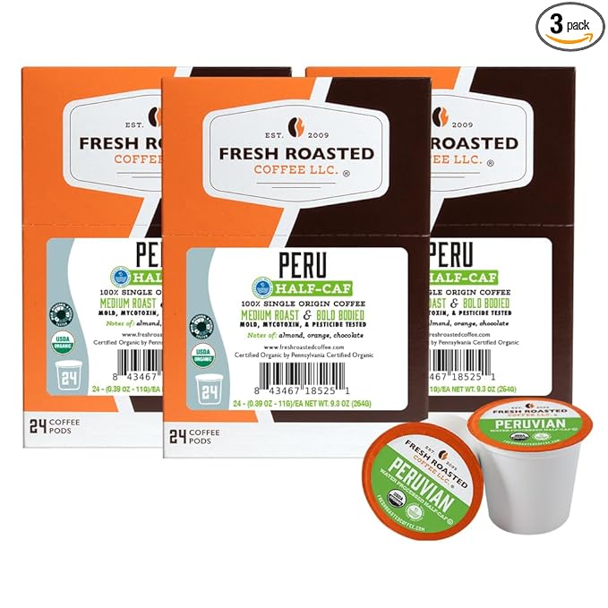 Fresh Roasted Coffee, USDA Organic Peru Water-Processed Half-Caf | 3rd Party Tested for Pesticides, Mold, Mycotoxins, Kosher | 100% Arabica, Specialty Grade, Med Roast 72 Pods for K Cup Brewers
