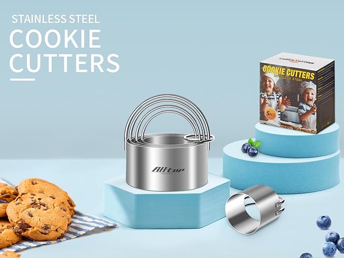 ALLTOP 5 Pieces Circle Biscuit Cutter,Professional Stainless Steel Round Cookie Cutters Tool with Ring Handle for Baking Pastry Doughnut