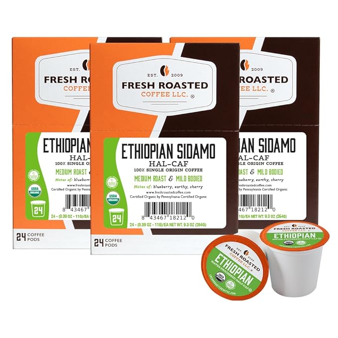 Fresh Roasted Coffee, Organic Ethiopian Sidamo Water-Processed Half-Caf | USDA Organic, 100% Single Origin, Kosher | Medium Roast 72 Pods for K Cup Brewers