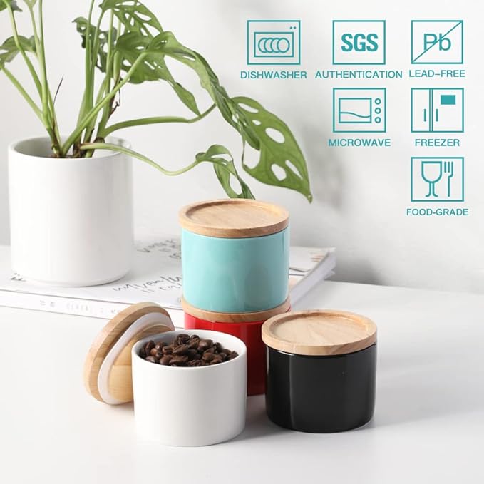 Sweejar Kitchen Canisters Ceramic Food Storage Jar, Stackable Containers with Airtight Seal Wooden Lid for Serving Ground Coffee, Tea, Sugar, Spice and More - 5 Fl Oz(Turquoise)