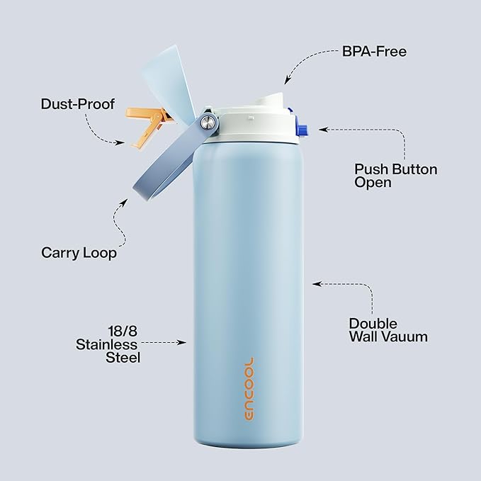 ENCOOL Insulated Water Bottle with Straw Stainless Steel Water Bottle with Push Button Lid, Leak-Proof & BPA-Free, Keeps Cold for 24 Hours for Sports, Travel, Gym (32 oz, Hazy Blue-Blue)