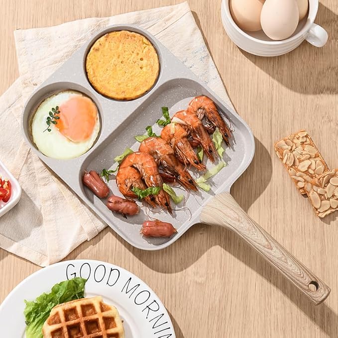 CLANK 3-in-1 Nonstick Omelet Pan with Divided Nonstick Griddle, Multi-Function Breakfast Pan/Pancake Pan for Gas and Induction Cooktops, White Granite Texture