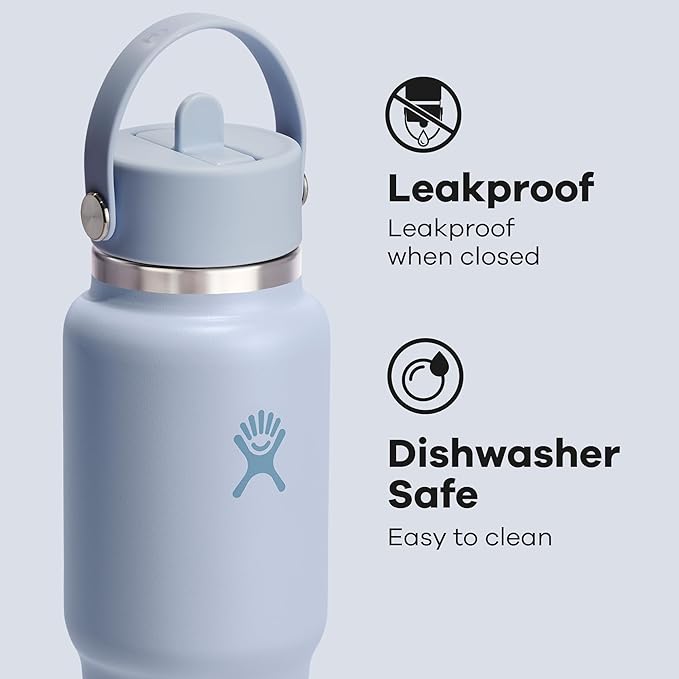 Hydro Flask Travel Water Bottle - Insulated Stainless Steel - Wide Straw Lid, Non Spill, Leakproof in 32 Oz Surf Blue