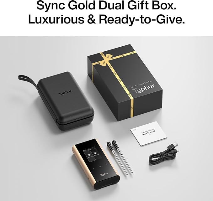 Typhur Sync Gold Dual Gift Set, WiFi Wireless Meat Thermometer with 2 Slim Probes & Storage Case, 6 Sensors, 10x Stronger Signal, Smart Base, ±0.5℉ Accuracy, for Grill BBQ Oven Smoker