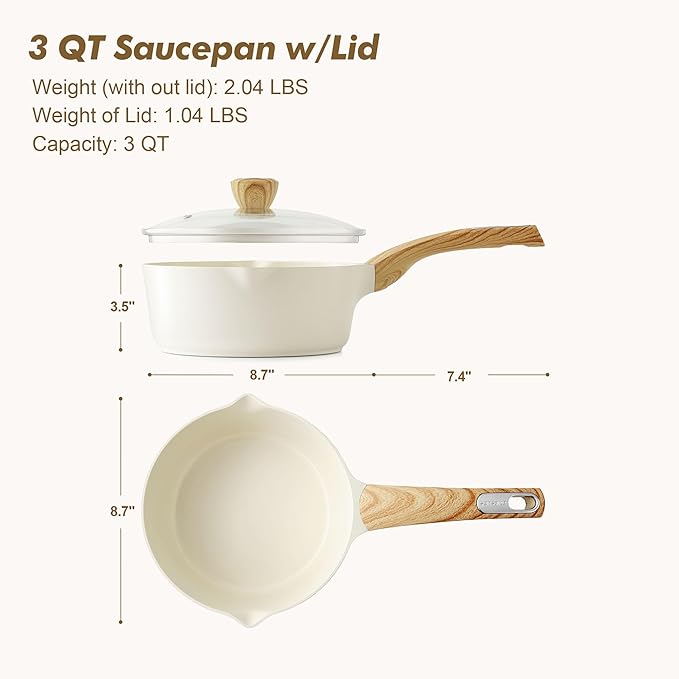 SENSARTE Ceramic Nonstick Sauce Pan with Lid, 3.0 Quart Saucepan with Double Spout, Large Cooking Pot, Non toxic Kitchen Sauce Pot, Non stick Saucier Pan, Induction Cookware, PFOA PTFE PFAS Free