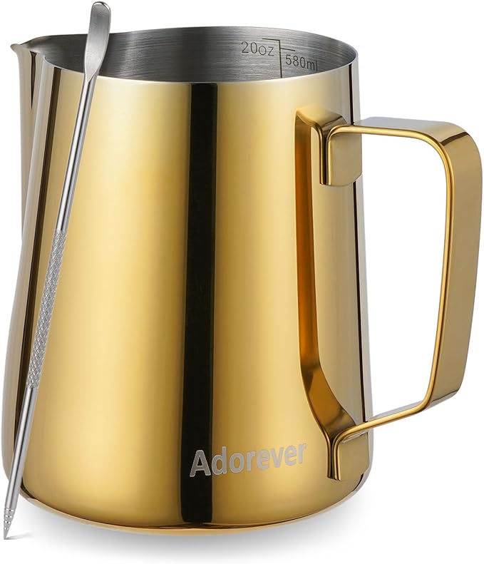 Milk Frothing Pitcher, 600ml (20oz) Steaming Pitchers Stainless Steel Milk Coffee Cappuccino Latte Art Barista Steam Pitchers Milk Jug Cup with Decorating Art Pen, Gold